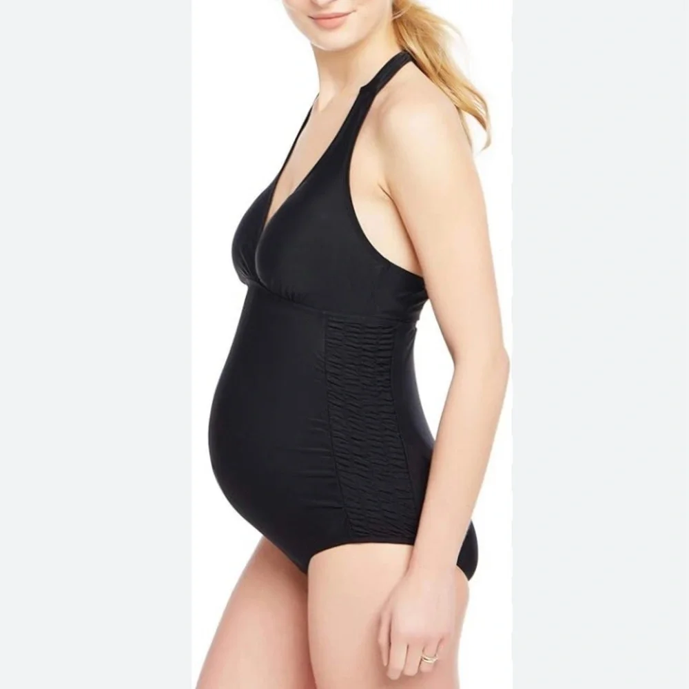 Beach Bump By Motherhood Maternity Black One Piece Swimsuit with Halter Neck 3X